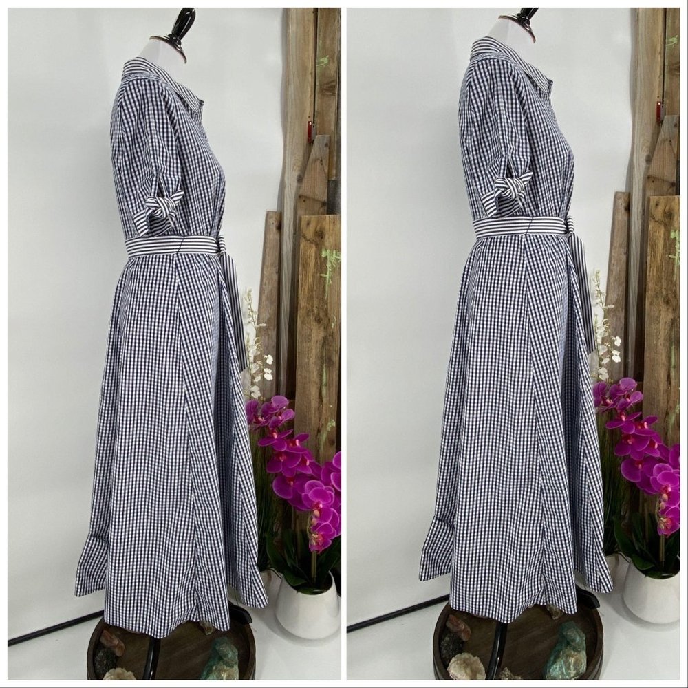 CALVIN KLEIN BLUE & WHITE GINGHAM FIT & FLARE MAXI DRESS SIZE 12 PETITE - Picture 15 of 16